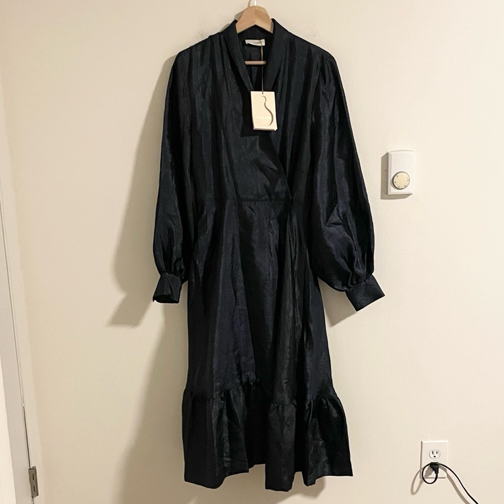 Stine Goya Niki Wrap Midi Dress Size Medium Shiny Midnight Blue Puff Sleeve NWT - Picture 4 of 14